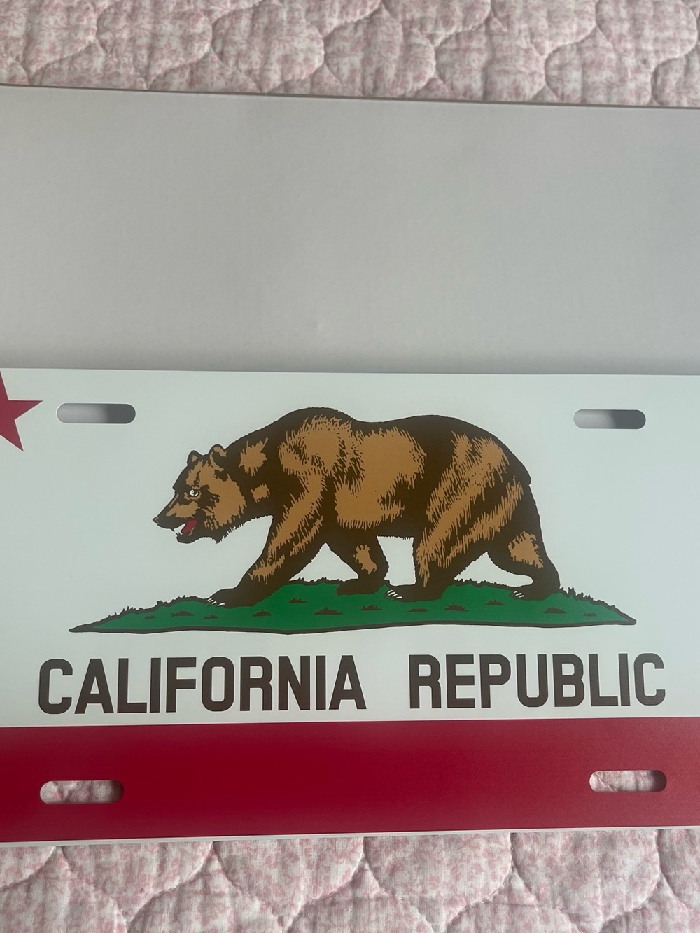 California Republic Bear License Plate - White, Brown, Green, Red
